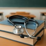 A stethoscope resting on top of two stacked books in a classroom setting