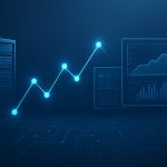 Stylized image depicting data servers and a graph showing upward trends against a dark blue background