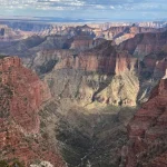 A panoramic view of the Grand Canyon showcasing steep red rock formations and distant mountains under a cloudy sky