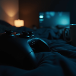 A game controller on a bed with a dimly lit background including a computer screen and a coffee mug.