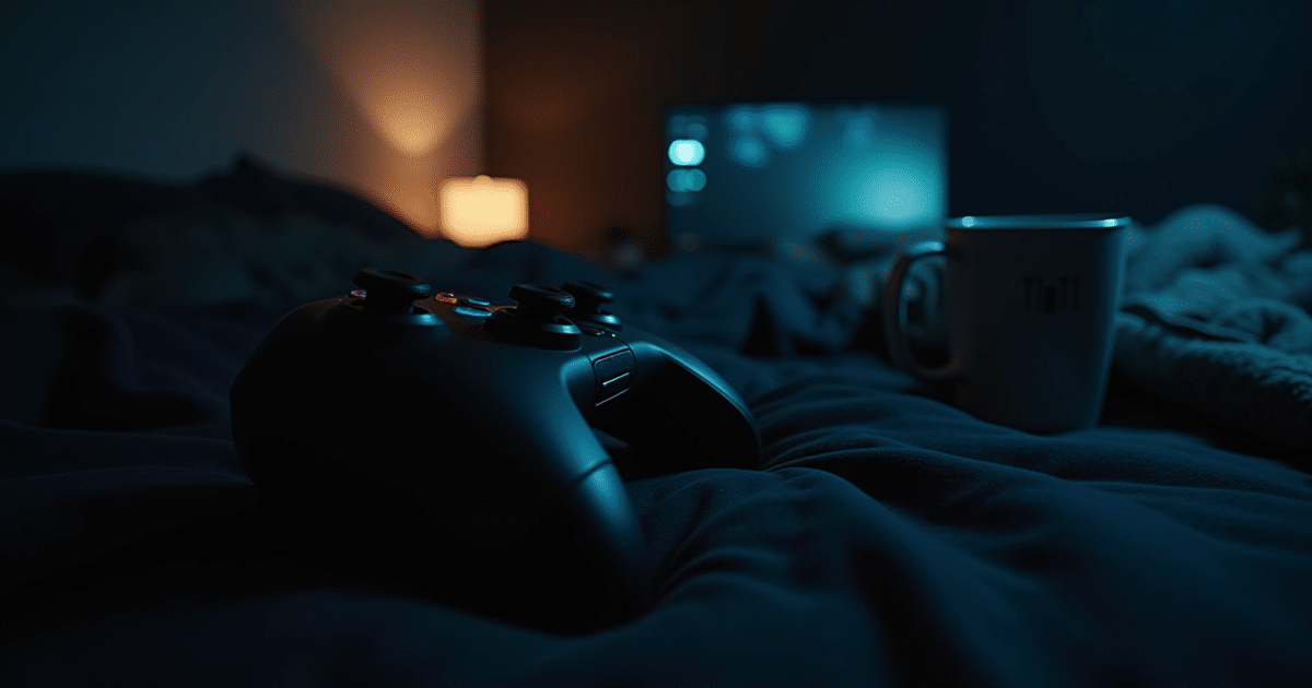 A game controller on a bed with a dimly lit background including a computer screen and a coffee mug.